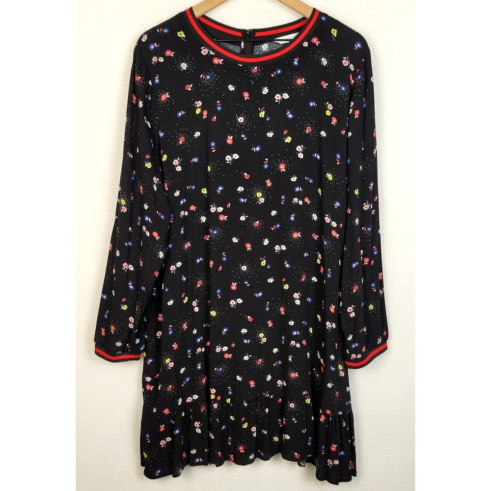 POPSUGAR Black Floral Ruffle‎ Hem Dress XXL Rayon Long Sleeve Boho Cottagecore